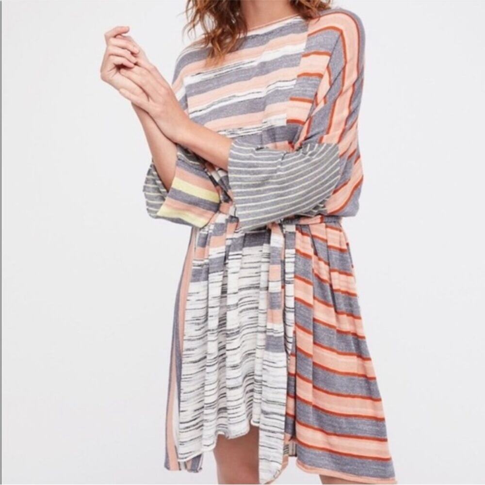 Free People Horizon white blue orange mixed stripe belted knit dress size Small
